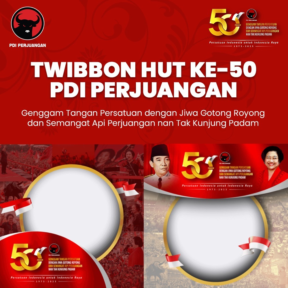 Menjelang HUT PDI Perjuangan ke-50, Twibbon HUT PDI Perjuangan banyak dicari belakangan ini. Diketahui pada 10 Januari 2023, PDI Perjuangan merayakan Hari Ulang Tahun yang ke-50.