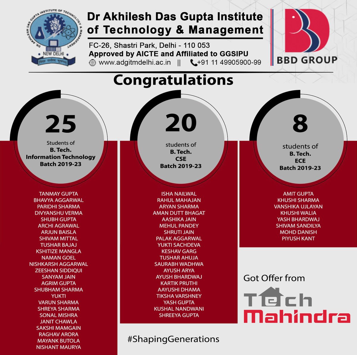 adgips's tweet photo. ADGITM Congratulates & Proudly announces that 53 students of B. Tech. (IT, CSE & ECE) 2023 Passing out Batch selected in #TechMahindra
ADGITM wishes may you always walk the glorious road to success
#Placement #ADGITM #ADGITMDelhi #bbdgroup #BBDPlacement #adgitmplacements #CampusD https://t.co/Dlb7tQavrU