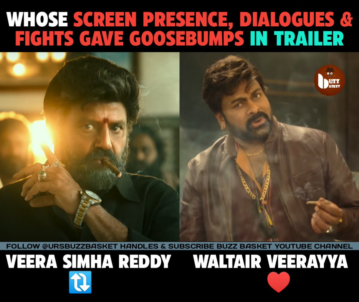 theBuzZBasket's tweet photo. Whose Screen Presence, Dialogues &amp; Fights Gave Goosebumps in Trailer
#NBK's #VeeraSimhaReddy 🔁
#Chiranjeevi's #WaltairVeerayya ♥️ https://t.co/DLn7zCaxdD