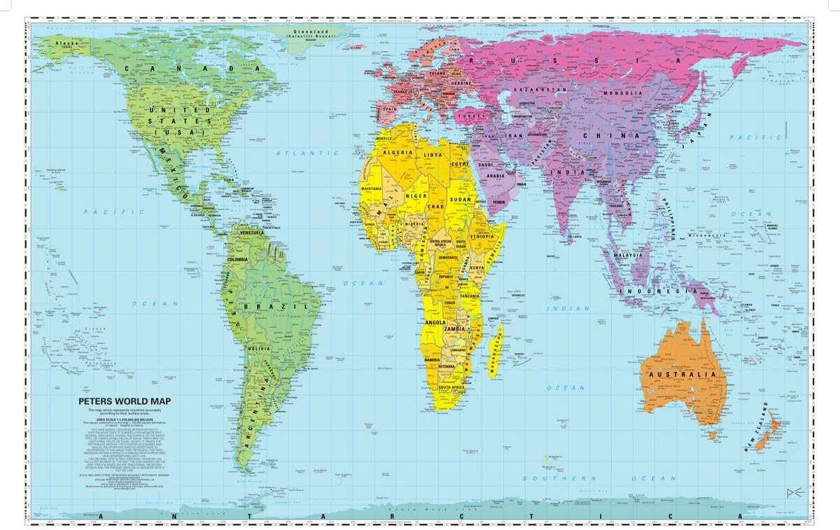 v_milov's tweet image. Вот про эту карту говорил вчера на стриме - это проекция Петерса, в отличие от проекции Меркатора, она не искажает соотношение реальных размеров стран и территорий. Россия в реальности, как вы видите, достаточно *узкая*