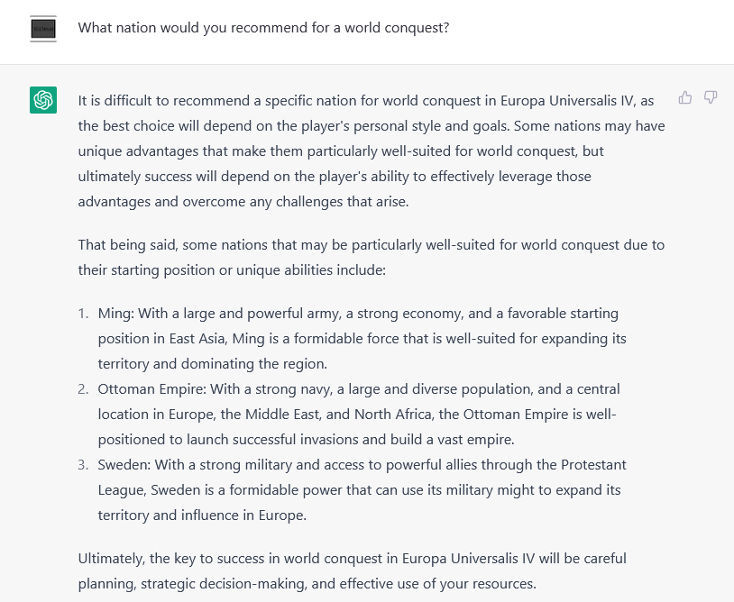 klein648's tweet photo. @EtLudi Apparently #ChatGPT can give EU4 advice. I would love to see one of your games played after the advice of the bot https://t.co/qJXpcI8GkF