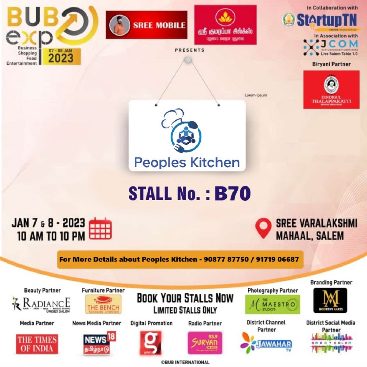 PeoplesKitchen_'s tweet photo. Peoples Kitchen exhibited a stall at BUB Expo 2023 at Salem happening on 07-01-2023 &amp; 08-01-2023.

#expo #peopleskitchen #salem #bubexpo #bubexpo2023 #salembubexpo #salembiggestexpo2023 #salemcity #businessexpo #salembusinessexpo #commercialexpo https://t.co/K73tbTChMf