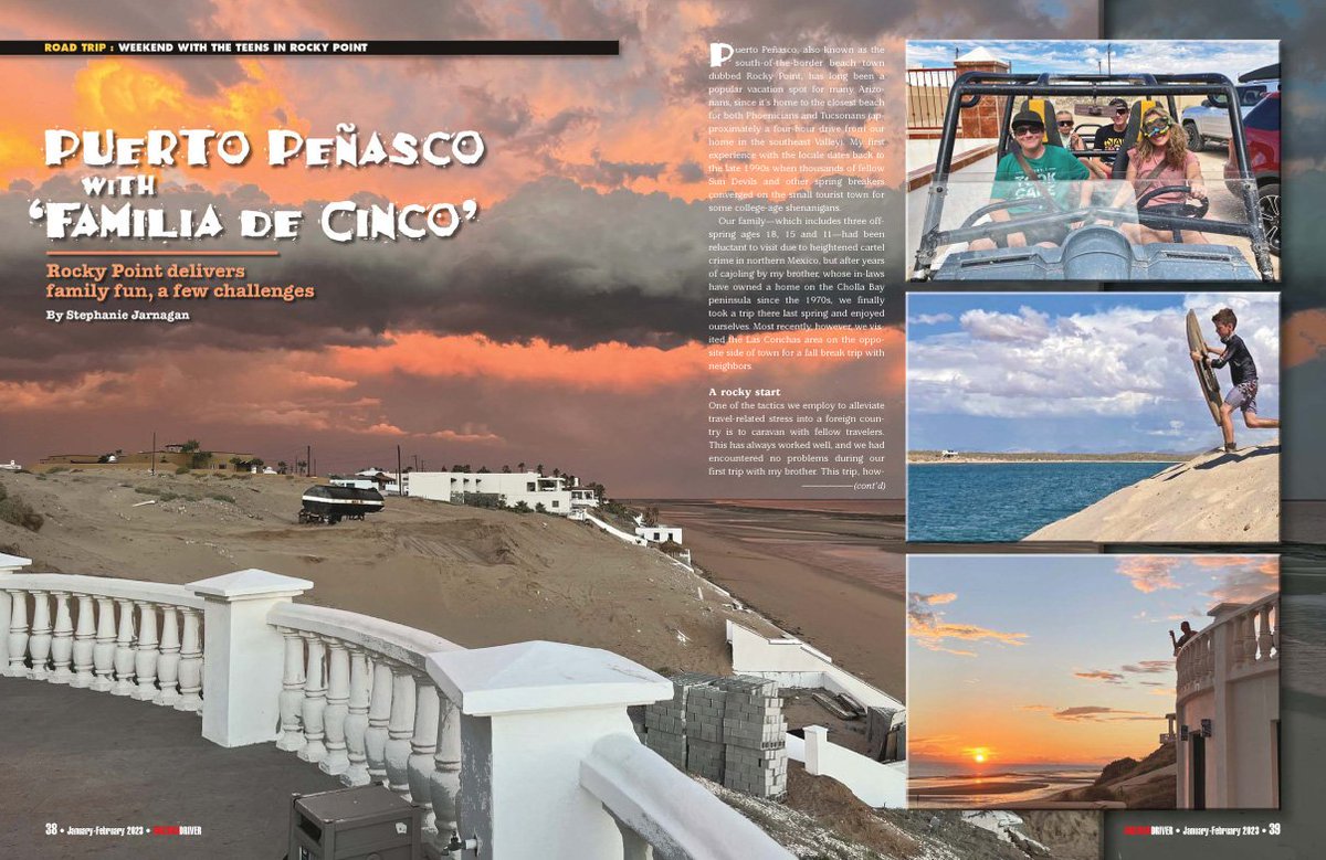 ArizonaDriver's tweet image. In our JanFeb2023 issue: regular contributor Stephanie Jarnagan @ThinkCommAZ takes us along with her family of five for a weekend in @PuertoPenascoMX -- widely known as @visitRockyPoint -- just a few easy hours south of Phoenix. That water! Those sunsets!
arizonadrivermagazine.com/PDF_GenFeature…