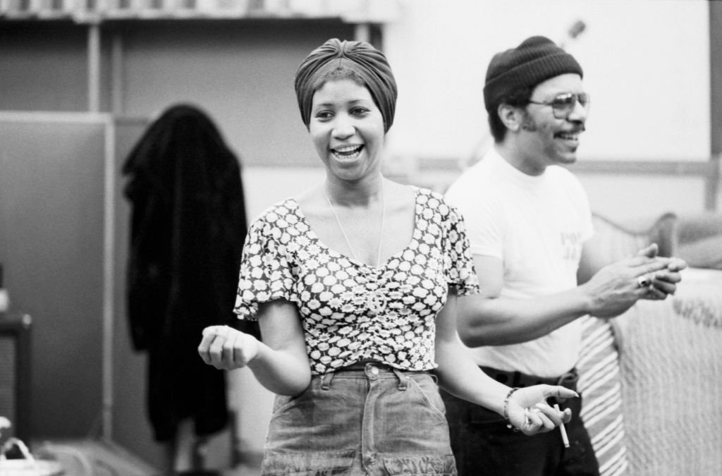 Aretha Franklin with Grady Tate at Atlantic Studios, NYC during the recording sessions of her 1974 album, 'With Everything I Feel in Me'