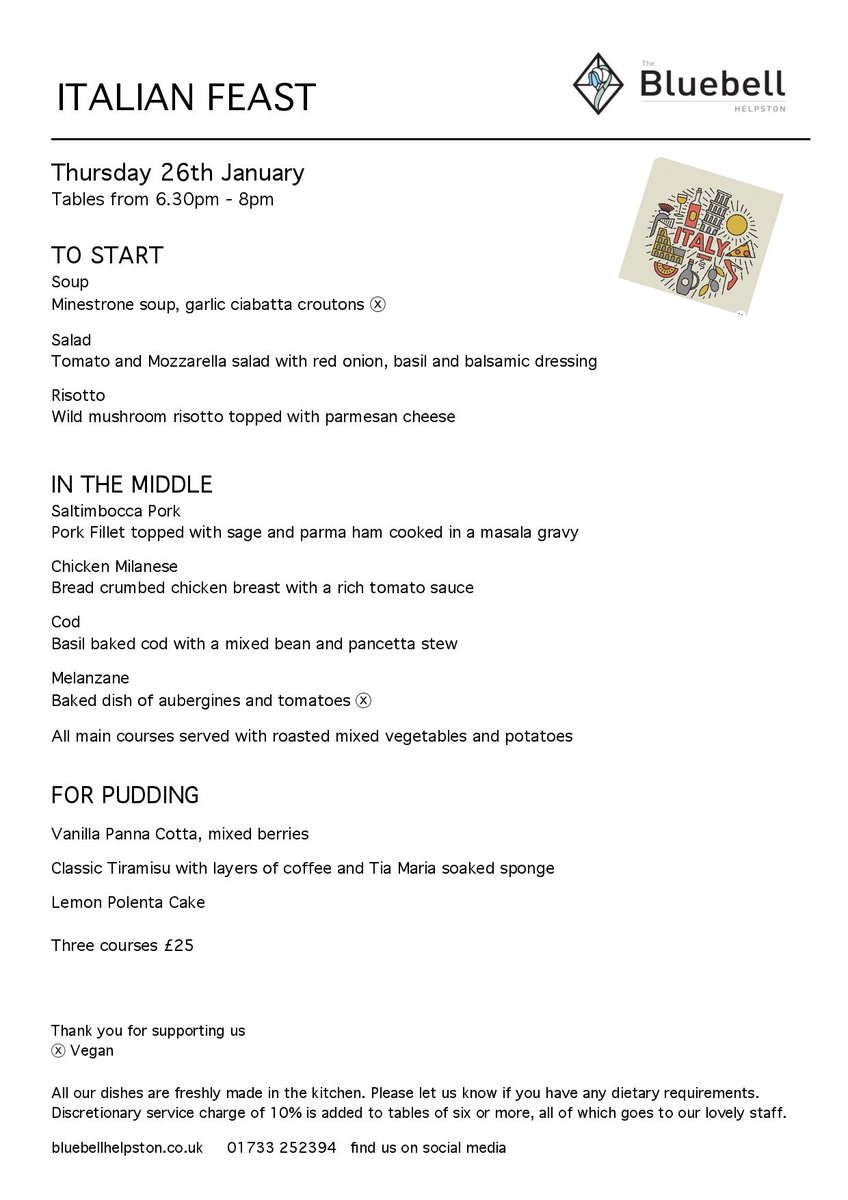 HelpstonPub's tweet photo. Our food themed evenings are back. Have you booked your place yet?  Thursday 26th January. Tables available from 6.30pm - 8pm. Three course menu only £25
 #pubfooddoneright #pubfood #italianfood #italianfoodlover #happy2023 https://t.co/0aaRoY7s6r