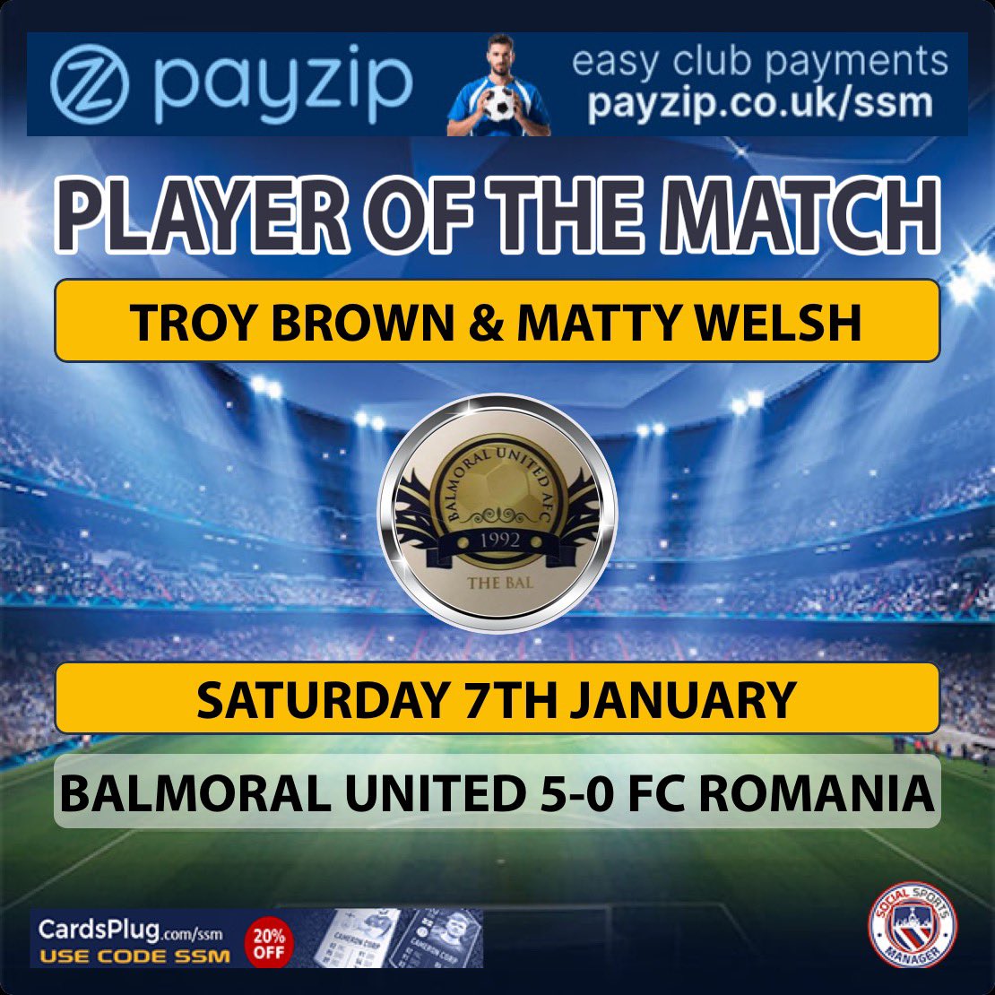 Match Result:

Balmoral United AFC  5 - 0 FC Romania

⚽️ - 
Ross Ewan x 2
Mateusz Olender
Cameron Macdonald
Bartek Kaminski

🧤- Connor Adamson

MOTM - Troy Brown &amp; Matt Welsh

MTB