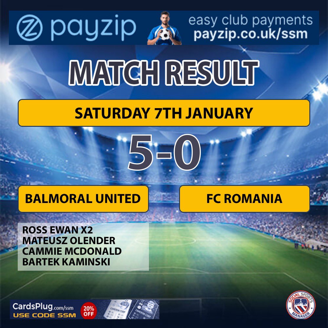 balmoralutdafc's tweet photo. Match Result:

Balmoral United AFC  5 - 0 FC Romania

⚽️ - 
Ross Ewan x 2
Mateusz Olender
Cameron Macdonald
Bartek Kaminski

🧤- Connor Adamson

MOTM - Troy Brown &amp; Matt Welsh

MTB https://t.co/CS9rZDUbQt