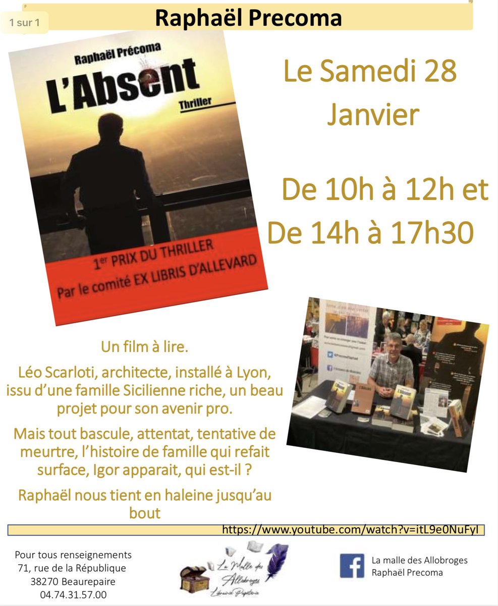 PrecomaRaphael's tweet photo. Je vous invite le samedi 28 janvier pour ma première séance dédicaces de 2023, à la librairie La Malle des Allobroges, à Beaurepaire. Alors venez nombreux rendre cet instant merveilleux.
#auteur #livre #raphaelprecoma #roman #thriller #ecrivaindemoissieu #littérature #polar https://t.co/RNQIB0WLtO