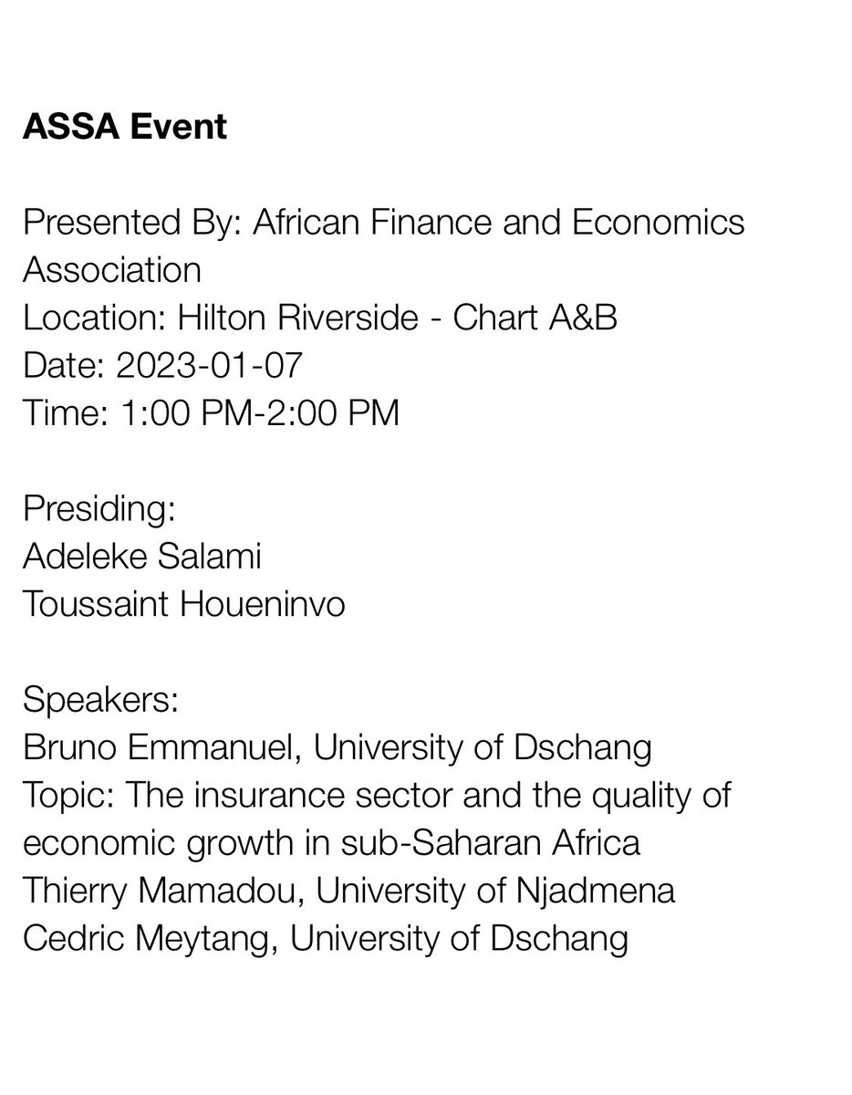 JCMaswana's tweet photo. #ASSA2023 attendees and #AFEA members: join the AFEA-AfDB Luncheon!
@AfDB_Group  
(African Development Bank)

Location: Hilton Riverside - Chart A&amp;B

Day &amp; Time: Saturday, Jan. 7, 1:00-2:00 PM https://t.co/XJF654Hdv0