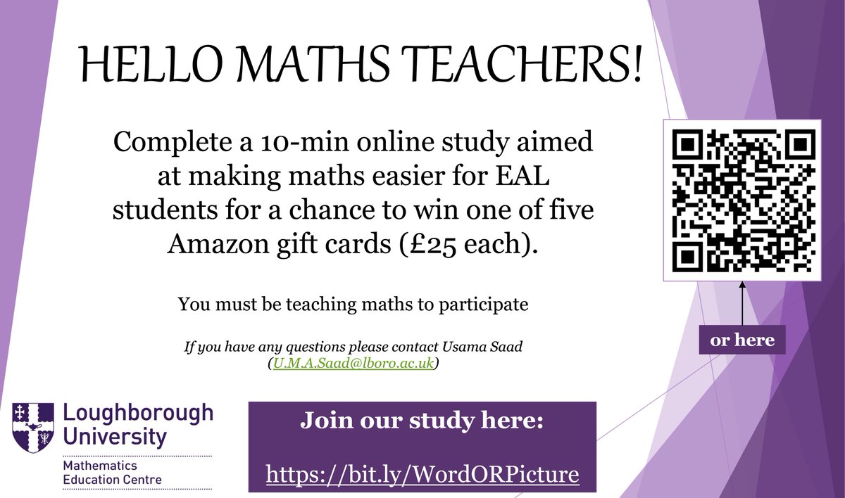 Calling all maths teachers to participate in our research about making maths problems easier for EAL learners. 
Please follow this link to participate:
bit.ly/WordORPicture
It will only take about 10-15 mins. You can win a £25 Amazon gift card too.
Thank you very much 😊