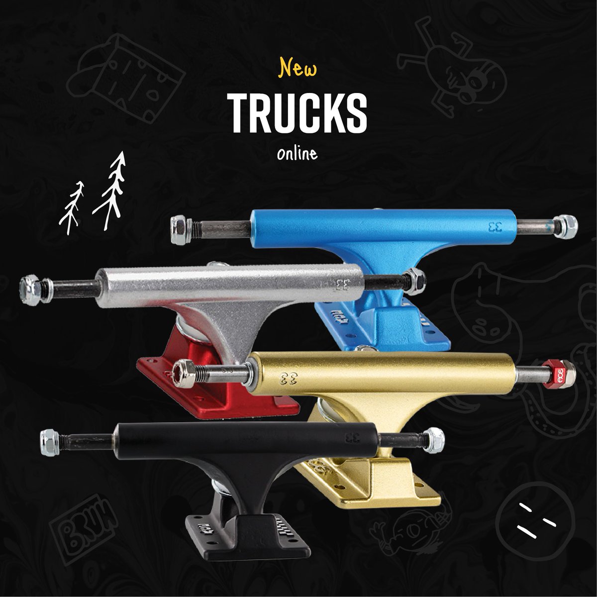 chiefbruh's tweet photo. New trucks online, comment your favorite truck brands and we can add them!
.
.
.
#bruh #skateshop #bruhshop #trucks #skateboardtrucks #goldtrucks #bluetrucks #blacktrucks #silvertrucks # https://t.co/2HmDmt6XcO