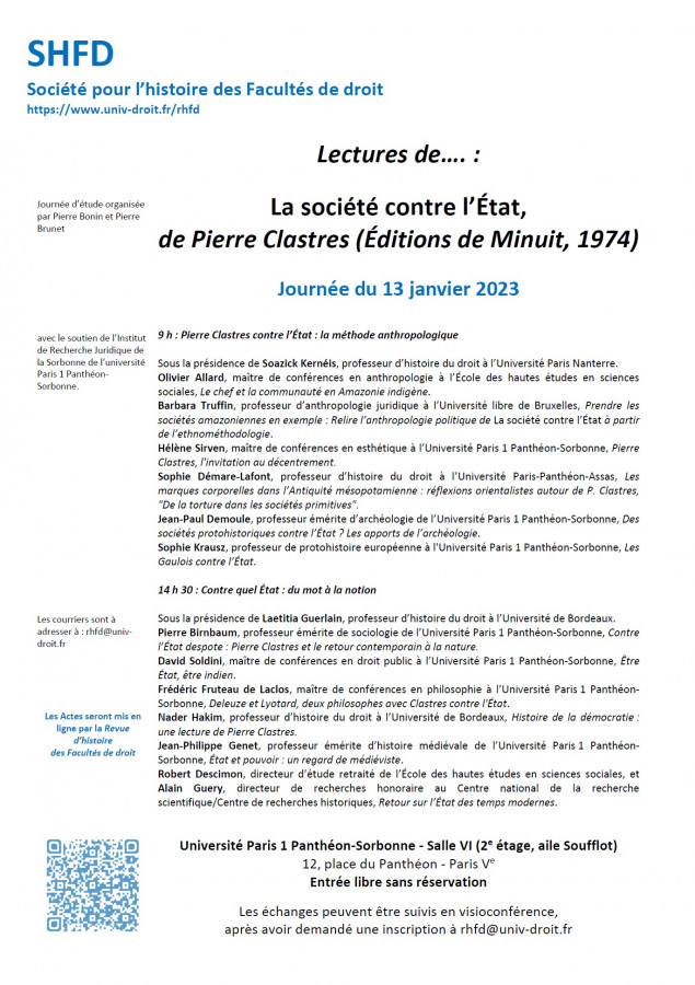 univdroit_03's tweet photo. [Journée d'étude] 13/01 | Lectures de... n° 14 : La société contre l'Etat, de Pierre Clastres.  #SHFD @IRJS_Paris1 https://t.co/gkBqDHVPpa https://t.co/2fYjuQoVlk