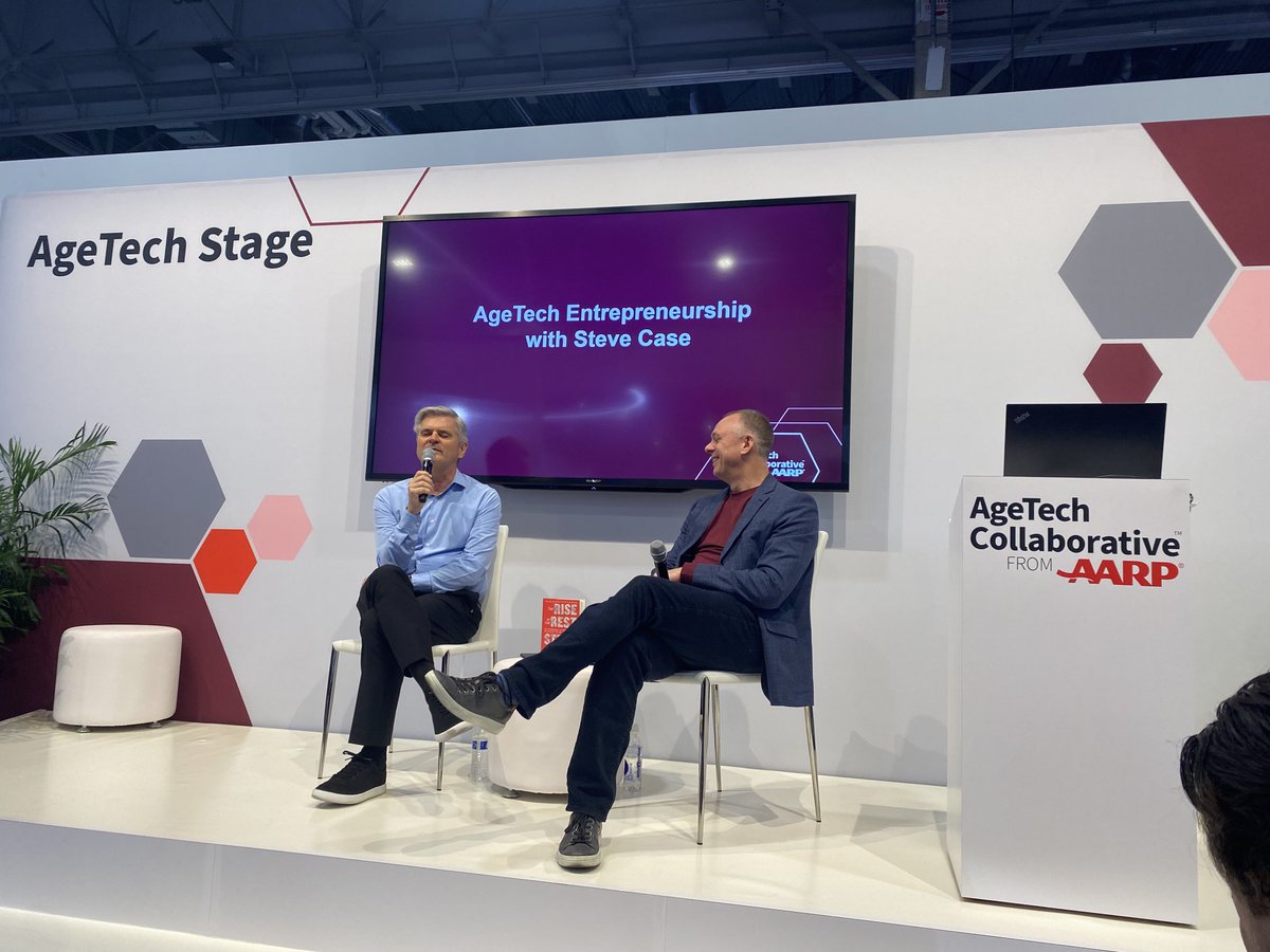 AOL founder - ⁦<a href="/SteveCase/">Steve Case</a>⁩ at the ⁦<a href="/AgeTechCollab/">AgeTech Collaborative™ from AARP (ILabs)</a>⁩ “75% of venture funding goes only to 3 states (CA, MA, NY)”. He’s talking about the importance of start ups across the country to drive a successful economy and society.  #ces2023