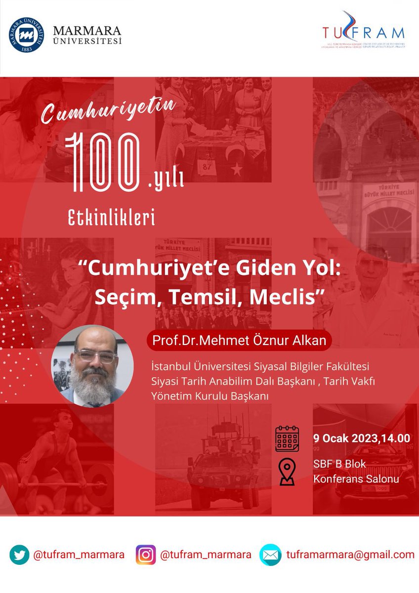 TÜFRAM’ın Prof.Dr.Mehmet Öznur Alkan’ın katılımıyla düzenlediği “ Cumhuriyet’e Giden Yol : Seçim , Temsil , Meclis “ başlıklı seminere davetlisiniz.

📆 9 Ocak 2023 , Pazartesi

⏰ 14.00

📍Siyasal Bilgiler Fakültesi B Blok Konferans Salonu