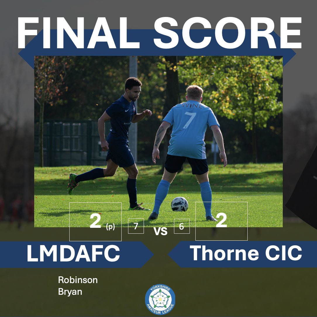 Through to the QF of the county cup after beating @ThorneCollFC 7-6 on penalties. 2-2 at FT after we went ahead early thanks to Robinson but pegged back by HT. We conceded early in 2nd half but grew into it and Bryan deservedly equalised. Griffiths the hero saving the last pen!