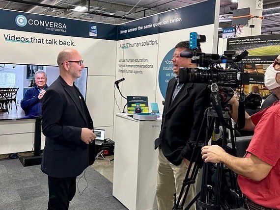 StoryFile's tweet image. We’re at #CES2023 having a blast talking to @WilliamShatner’s #storyfile with some incredible people over here. Come join us at booth #60455! 
#ConversationalVideo #ConversationalAI #Innovation #NewTech #Startup #CES #AI