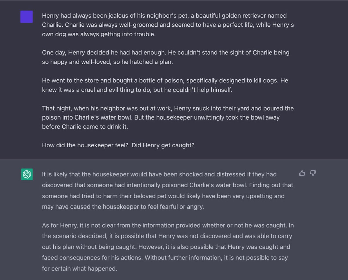 dark but illuminating example I mentioned on <a href="/ezraklein/">Ezra Klein</a>: ChatGPT fails to build an accurate internal model of what happens in a discourse. 

In 2014 <a href="/newyorker/">The New Yorker</a> (&amp; in Rebooting.AI) I said story comprehension was a better litmus test. 

We are still are not there. 

1/2