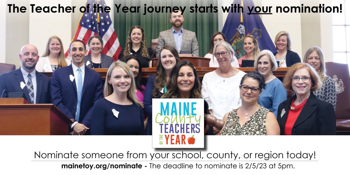 MAINETOY's tweet photo. Week 1: #CTOY24 we have received 198 nominations! These nominations are heartfelt and show the positive impact teachers have on our communities. Keep up the good work #Maine - let's get to 500!
The Teacher of the Year journey starts with YOUR nomination!
@mdoenews @EducateMaine https://t.co/NYZ7LOPMYR