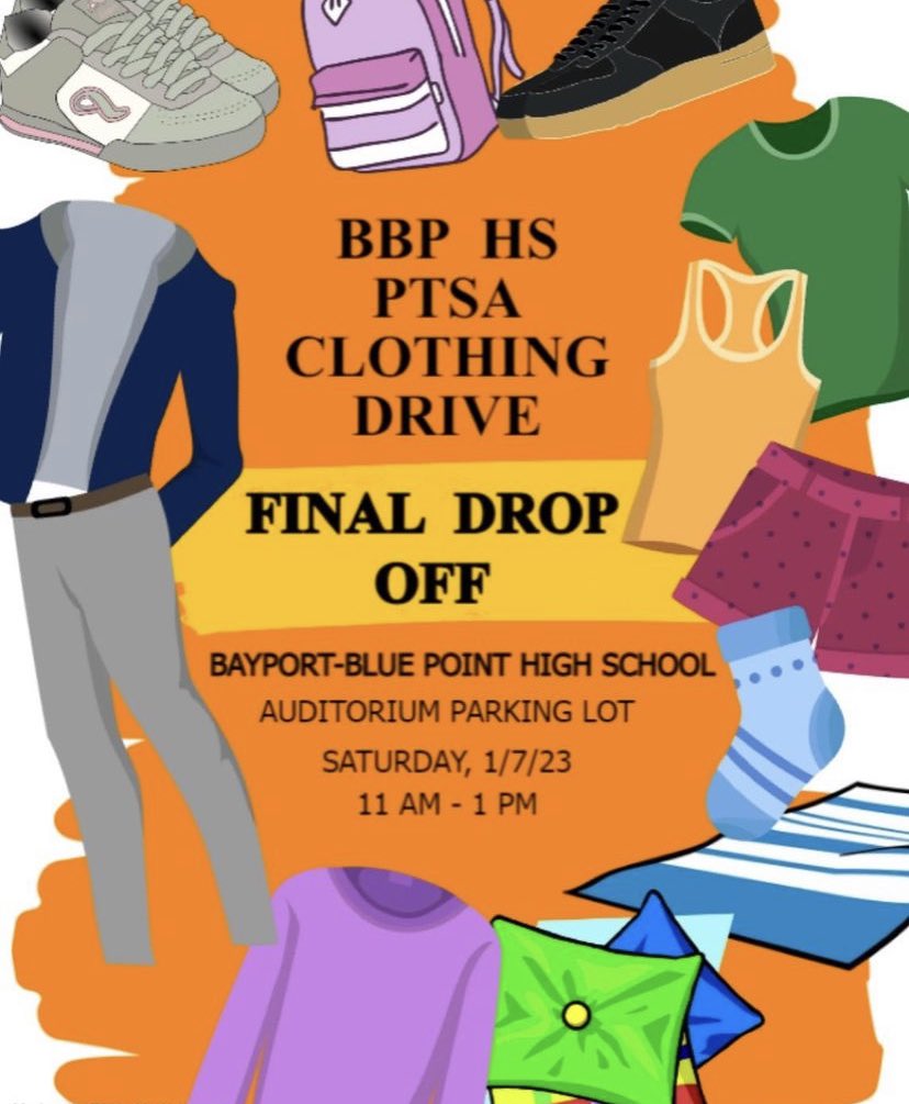 BBPHSPhantoms's tweet photo. Come on down today to donate clothing at BBPHS auditorium parking lot from 11:00-1:00. Fundraiser to benefit the high school PTSA. @BBPSchools @BBPHSPrincipal @BBPHSPTSA https://t.co/Ff21CC4af5