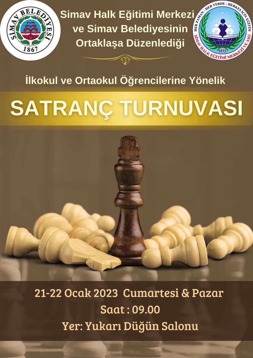 simavhalkegitim's tweet photo. Simav Halk Eğitim Merkezi ve Simav Belediyesinin ortaklaşa düzenlediği, ilkokul ve ortaokul öğrencilerine yönelik, satranç turnuvası 21-22 Ocak 2023 Cumartesi &amp; Pazar saat 09.00'da Yukarı Düğün Salonu'nda gerçekleştirilecektir.
@SimavBelediyesi @simavmem43 @halilaktay35 https://t.co/93rmngTsRU