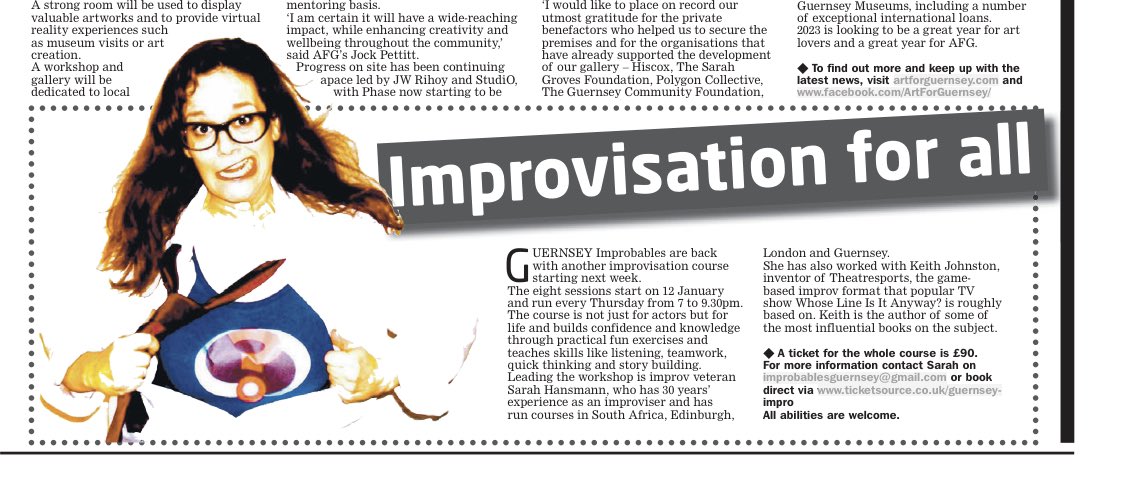 ImproGuern's tweet image. We’re in the paper. Nice write of if our upcoming course run by @improsarah Still time to book contact Sarah or book direct ticketsource.co.uk/guernsey-impro