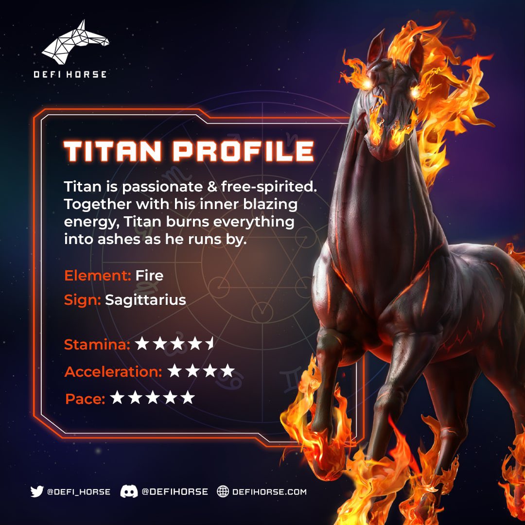 DeFi_Horse's tweet photo. 🔥 #DEFIHORSES 🐴 𝗧𝗜𝗧𝗔𝗡 - 𝗧𝗛𝗘 𝗙𝗜𝗥𝗘 𝗪𝗔𝗥𝗥𝗜𝗢𝗥 ⚡️

Born under the magnificent Sagittarius constellation, Titan is blessed with fiery passion. He embodies freedom and intensity. Together with his inner blazing energy, Titan burns everything into ashes as he runs by. https://t.co/iCTjjhtSLP