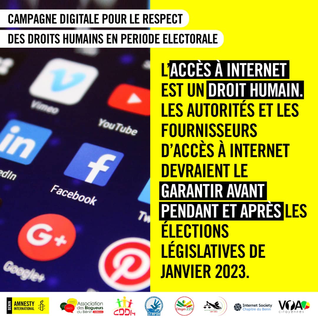 L'accès à Internet est un droit humain. Les autorités et les fournisseurs d'accès à Internet devraient le garantir avant pendant et après les élections législatives de janvier 2023.

#Vote229