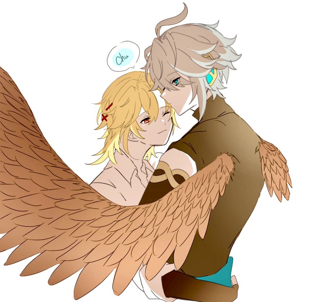 multiple boys 2boys wings male focus blonde hair yaoi one eye closed  illustration images