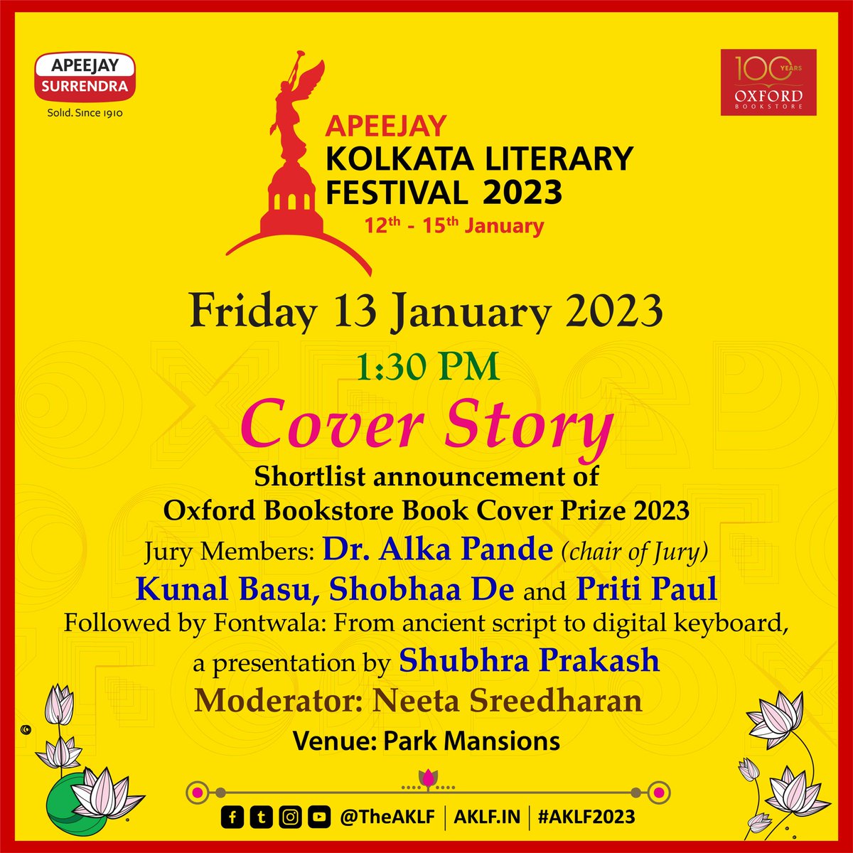 TheAKLF's tweet photo. #Kolkata , join us for the shortlist announcement of Oxford Bookstore Book Cover Prize 2023
@DrAlkaPande @DeShobhaa @kunalbasu100 @PritiPaul7
#AKLF2023 #ParkMansions #ParkStreet #Kolkata #BookCoverPrize #Litfest #ApeejaySurrendraGroup https://t.co/KDLCPw0gku