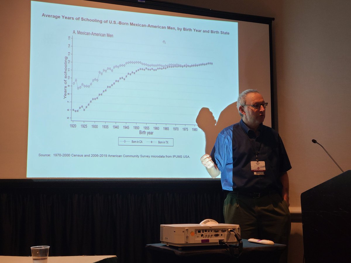 econ_garcia's tweet photo. #ASHEPresente @ASHE_ASSA Session on Hispanics in the US started. Steve Trejo starts the conversation by turning the focus to US-born Hispanics, looking back in time and identifying the earnings and educational gaps. Being born in TX vs CA in 1920 implies 3 fewer yrs of education. https://t.co/NWs3IvH7gi