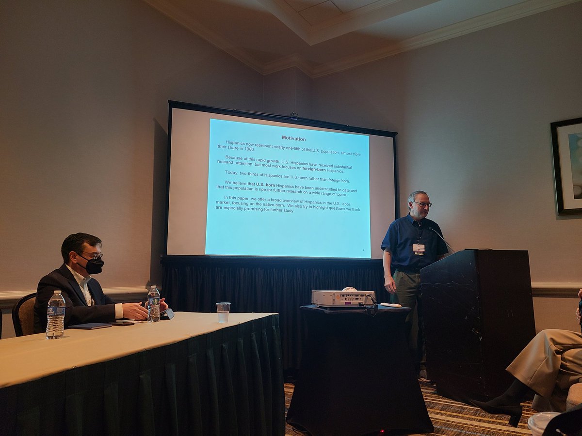 econ_garcia's tweet photo. #ASHEPresente @ASHE_ASSA Session on Hispanics in the US started. Steve Trejo starts the conversation by turning the focus to US-born Hispanics, looking back in time and identifying the earnings and educational gaps. Being born in TX vs CA in 1920 implies 3 fewer yrs of education. https://t.co/NWs3IvH7gi