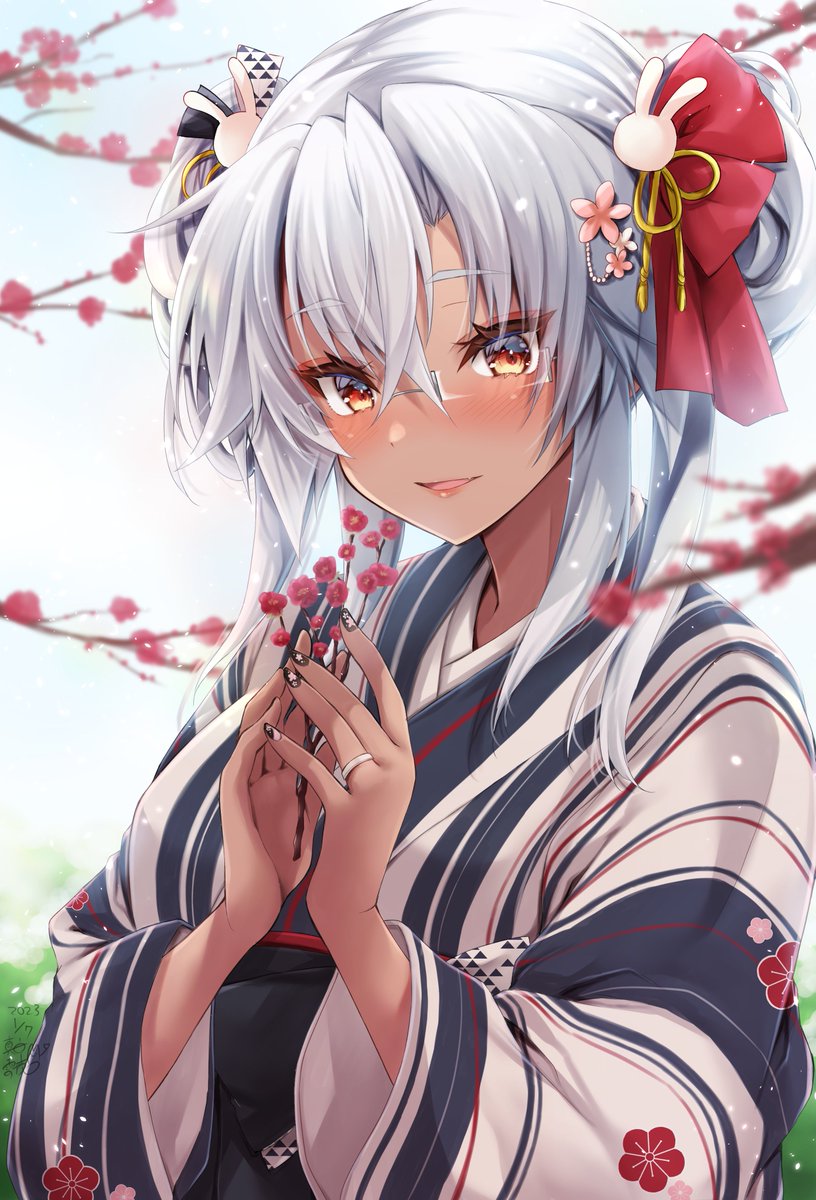 musashi (kancolle) ,musashi kai ni (kancolle) 1girl dark-skinned female ring japanese clothes solo dark skin kimono  illustration images