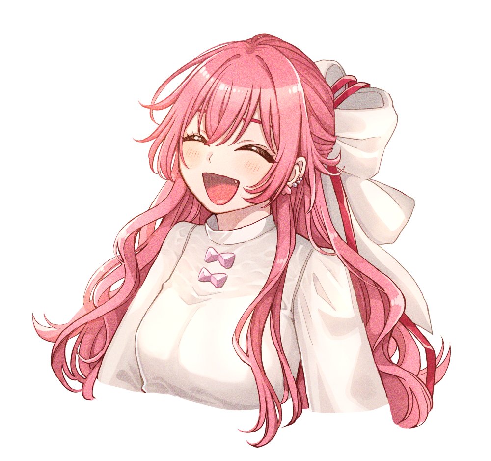1girl pink hair closed eyes solo long hair smile fang  illustration images
