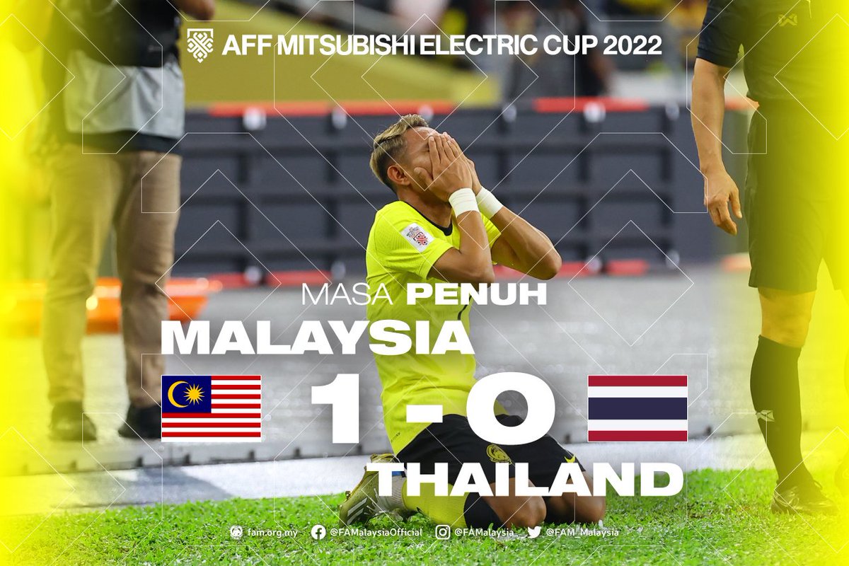 FAM_Malaysia's tweet photo. Keputusan Masa Penuh
Separuh Akhir 1 Piala Mitsubishi Electric AFF 2022 | Sabtu, 7 Januari 2023
MALAYSIA ๐ฒ๐พ 1-0 ๐น๐ญ THAILAND
โฝ๏ธ Faisal Halim 11'
โถ๏ธ Separuh Akhir 2 di Bangkok pada Selasa, 10 Januari 2023
#FAM #HarimauMalaya #AFFMitsubishiElectricCup2022 https://t.co/3xxi7jXlJi