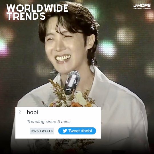 jhopeGlobaI's tweet photo. “Hobi” is currently trending at #2 in the Worldwide trends🔥

MAIN CHARACTER J-HOPE
J-HOPE AT GDA 2023
#골든디스크with제이홉
#jhopeatGDA #jhopexGDA #jhope https://t.co/oZU4sSWomw