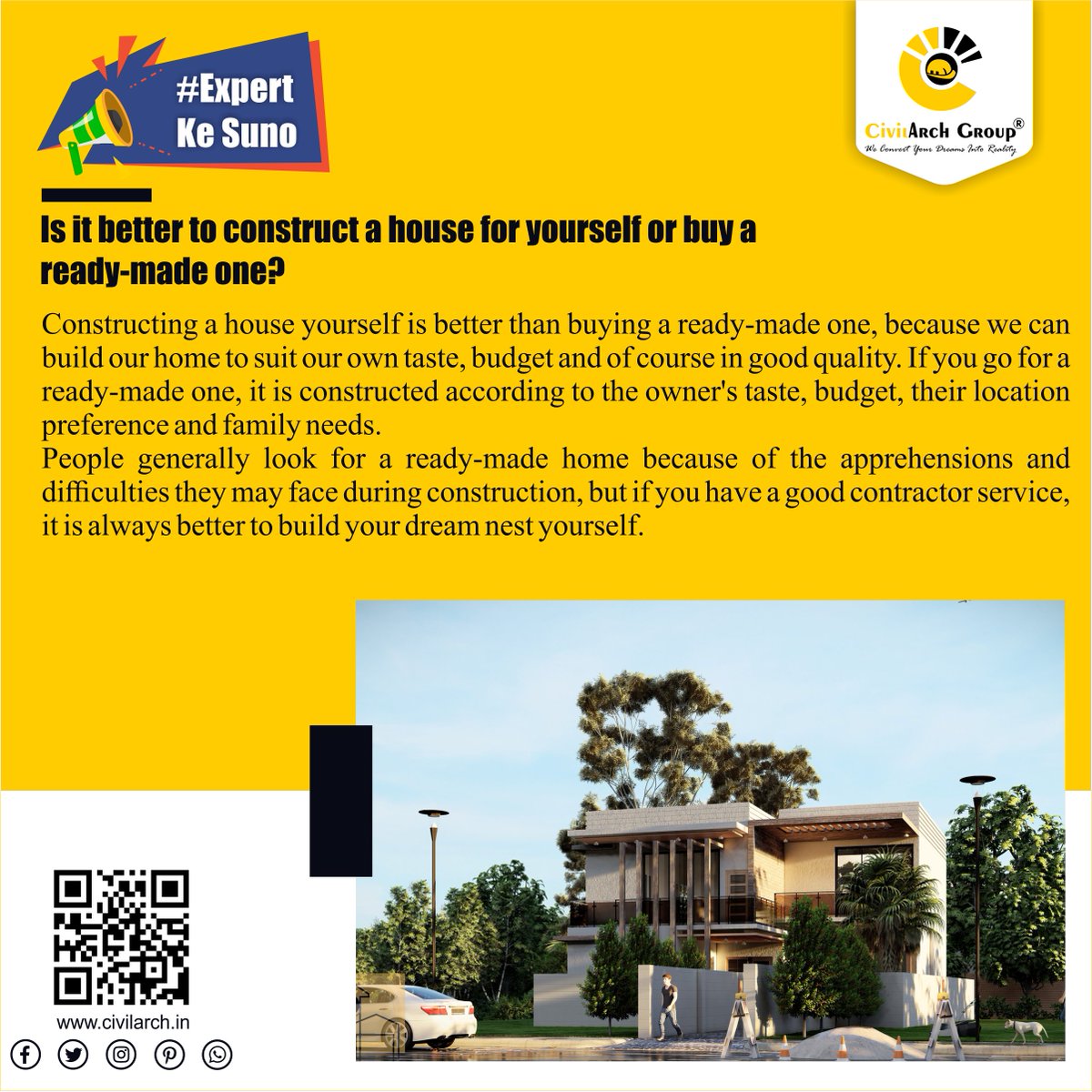 CivilArchgroup's tweet photo. Is it better to construct a house for yourself or buy a ready-made one? #ExpertKeSuno #Civilarch https://t.co/SWDaZ0NxV4