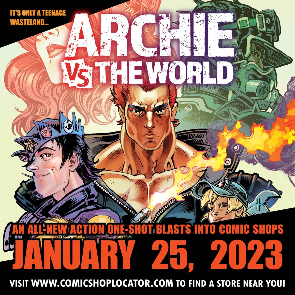 ArchieComics's tweet photo. Talk about a teenage wasteland! Riverdale is a post-apocalyptic dystopia in #ArchievstheWorld, the sci-fi/action extravaganza that everyone will be talking about. Out on 1/25! https://t.co/zgBaMPdxvR https://t.co/9XO4wc1LRY