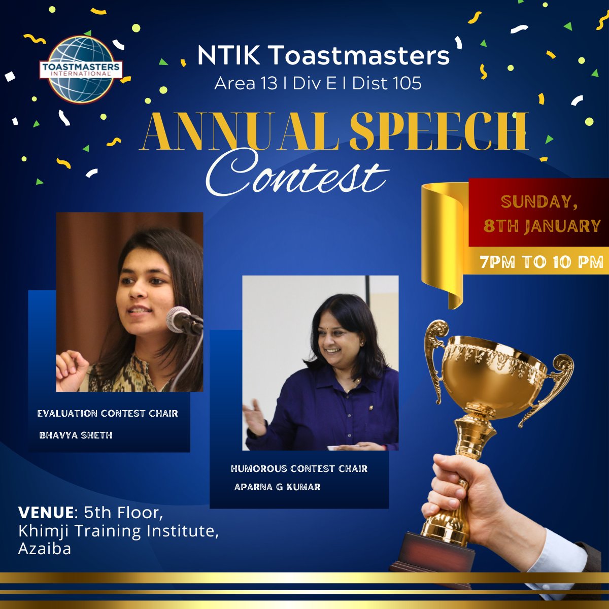 aparnajee's tweet photo. It's Contest Time...
Witness the Clash of the Titans this whole month, in Toastmasters...

If you are in Muscat, join us tomorrow at NTIK for the humorous and the Evaluation Contests, and watch as the Winner goes up to the next level...

#toastmastersinternational #toastmasters https://t.co/IMHyRQyyUv