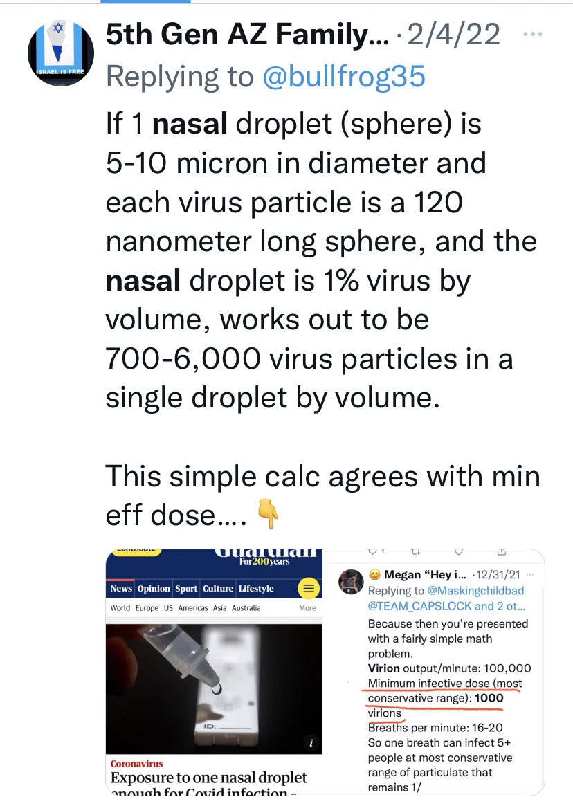 bullfrog35's tweet photo. @mamasaurusMeg Reverse your calc:

An infected person expels 100,000 virions per minute for 2 hours and it takes 1,000 virions to infect others.

That’s highly contagious: that 99.99% of virions could be avoided but still—infection.

What mask efficacy rating would REALLY be required?👇 https://t.co/JnC3sS4ZZr