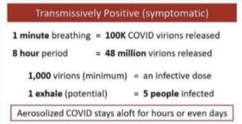 bullfrog35's tweet photo. @mamasaurusMeg Reverse your calc:

An infected person expels 100,000 virions per minute for 2 hours and it takes 1,000 virions to infect others.

That’s highly contagious: that 99.99% of virions could be avoided but still—infection.

What mask efficacy rating would REALLY be required?👇 https://t.co/JnC3sS4ZZr