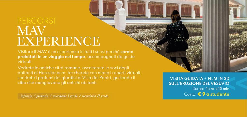 MAV PER LA SCUOLA
prevede la visita al Mav con una guida specializzata, un  viaggio nel tempo alla volta della costa vesuviana.
Questo itinerario prevede :
-una visita guidata,
-la visione di un film in 3d. 
Il costo è di 9€ a studente.
N° per prenotazione è 
+39 081 7323984.