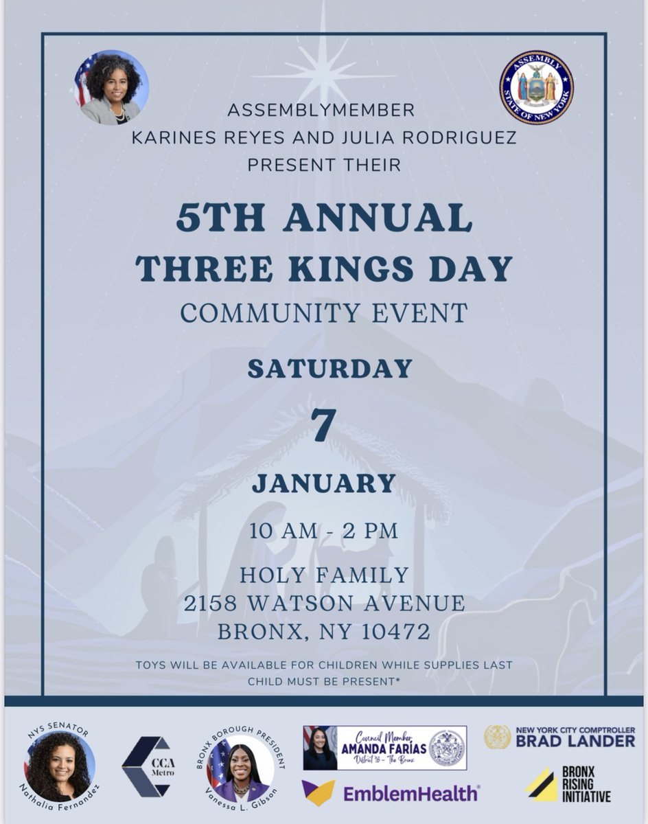 ✨STARTING SOON✨

From 10 AM - 2 PM, I’ll be hosting my 5th Annual Three Kings Day event at Holy Family Church (2158 Watson Ave)!

Come by for food, crucial info, family fun and celebrate this important holiday with fellow leaders and orgs!

#DiaDeLosReyesMagos #ThreeKingsDay 👑