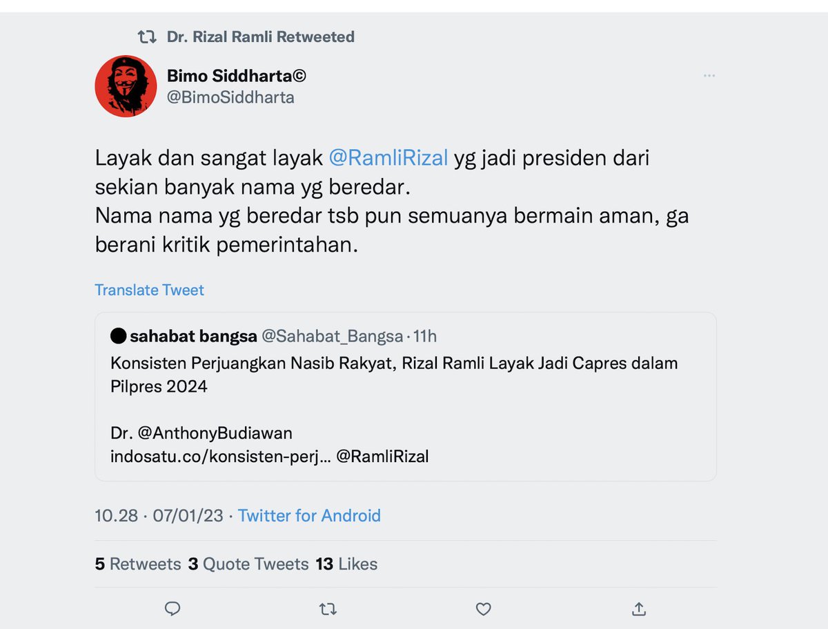 Tolong smpaikan ke Rizal Ramli, nafsu jd Presiden okelah, cukup RT cuitan yg memujinya aja, wlpun itu norak. Jangan smpe melakukan Spin isu murahan, Resty Cayah mau kerja apa kl diserobot anda? Kritik pemerintah itu bagus, tp Ndak gini caranya, repot sendiri kan? panik jdnya kan