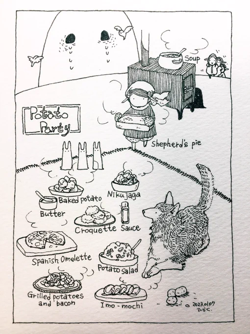 1/7:
今年も食べて、生きよう。
Let's eat and live this year too.
 #Pavot  #ペン画 

🥔(じゃがいもレシピお待ちしてます。/Please tell me the potato recipe in your reply.) 
