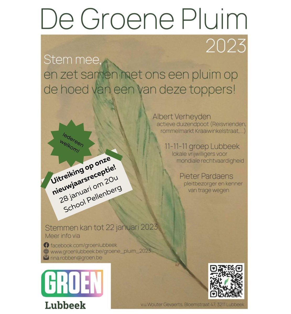 GroenLubbeek's tweet photo. Wie verdient de Groene Pluim 2023? Onze shortlist is bekend, en stemmen kan tot 22/1 via onze website of rina.robben@groen.be. Stem mee, en zet je favoriete vrijwilliger mee in de kijker. 
En kom op 28/1 op onze nieuwjaarsreceptie ontdekken wie de winnaar is. https://t.co/DMOPvuav7O