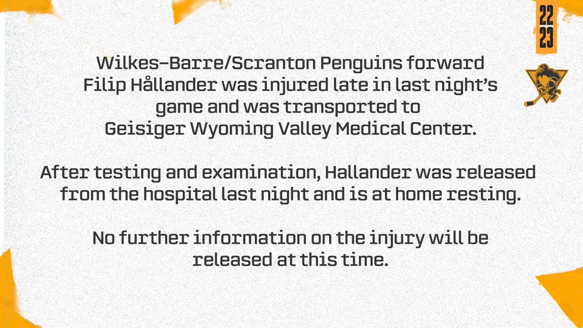 WBSPenguins's tweet image. Fans, we have a quick update for you on Filip Hållander.

Thanks for all of your prayers and good thoughts.

#LetsGoPens