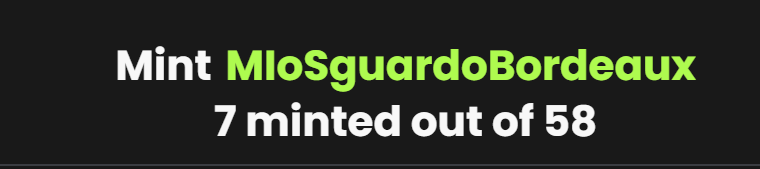 xSylla_'s tweet photo. Have a good week-end @MultiversX community! 

Let's start the first #StatsOfTheWeek for my new MioSguardoBordeaux collection ! 
https://t.co/MKm7hhU149

The collection launched 5 days ago, and 7/58 nft have been minted which is 12% of the collection 🥳 https://t.co/4v7pNgdr3y