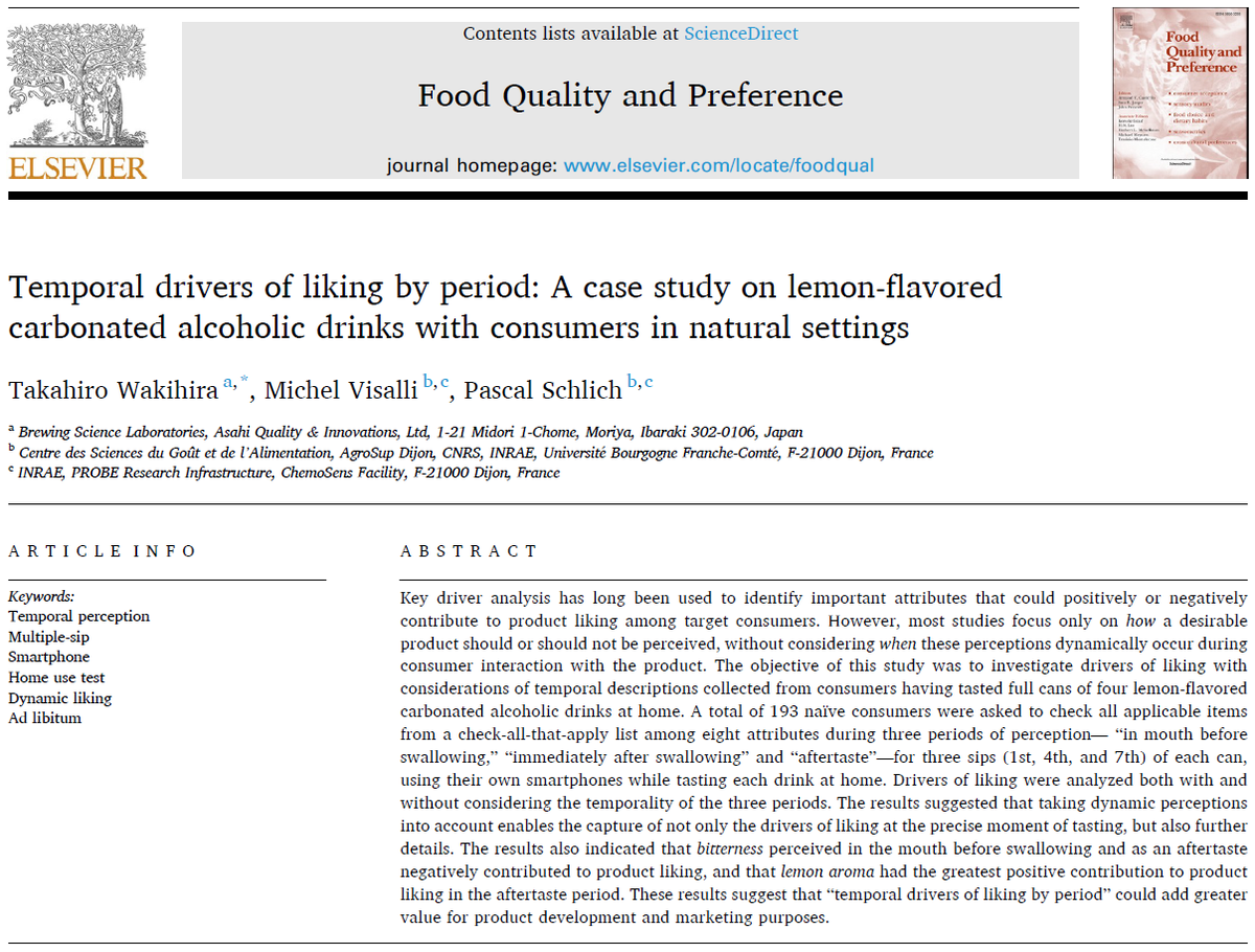 doi.org/10.1016/j.food…
Taking within and between sip temporality of sensations into account offers additional insights to drivers of liking.
Data available at doi.org/10.1016/j.dib.…