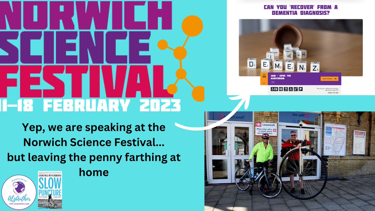 PeterBe1130's tweet photo. @debbunt &amp; I will be @NorwichSciFest &amp; joining a panel to discuss #dementia https://t.co/h3OHnujKSF
We'll bring copies of "Slow Puncture" should anyone wish to buy one. Our session is free but booking is needed. #livingwell #Alzheimers @AlzAuthors @HWSuffolk https://t.co/TKKZ93M5vi