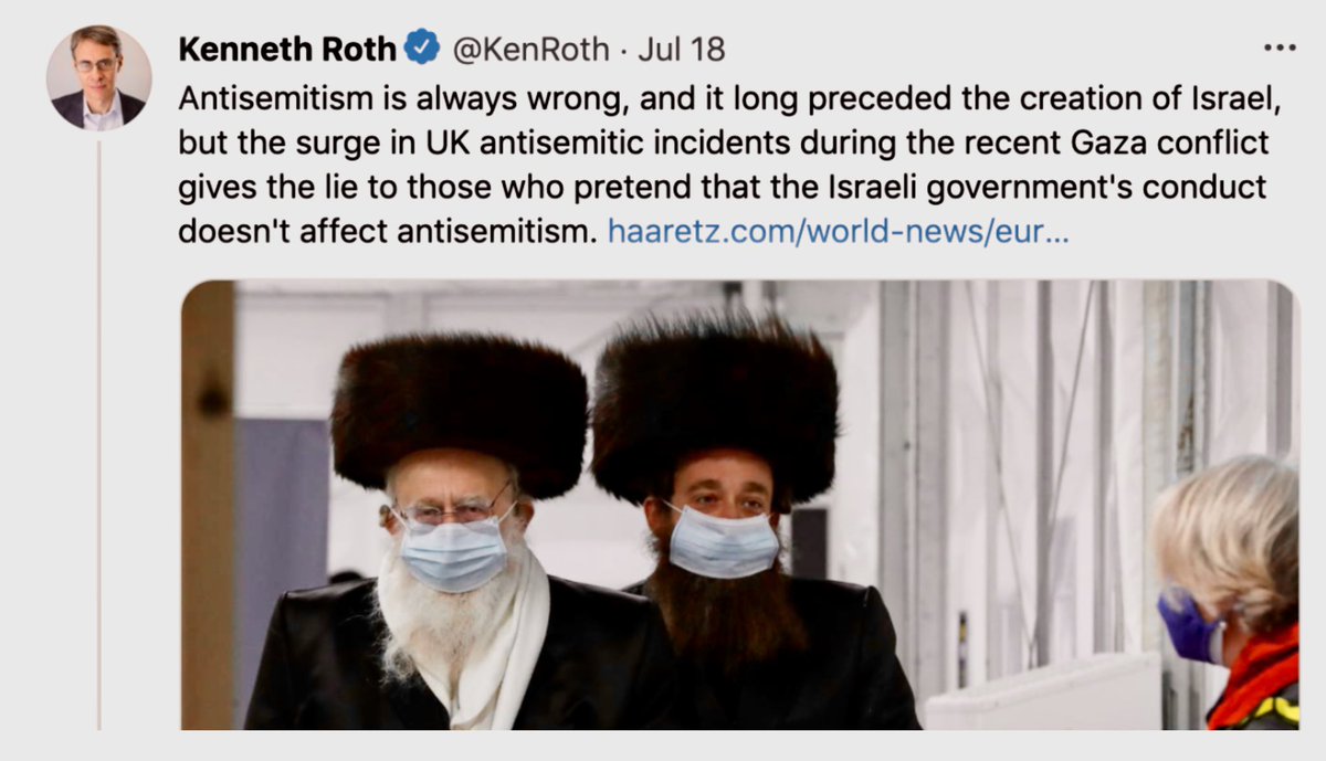 OliverKamm's tweet photo. @KenRoth @Kennedy_School You posted this, since deleted but never retracted, which insinuated that antisemitism in UK has a genuine grievance driving it. That isn’t about legit criticism of Israel and is deeply troubling. It suggests the #wrongjob was actually yours, as director of the much-admired @hrw. https://t.co/vxpjtnmAKE